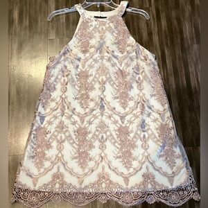 Altar’d State Elegant Lace Overlay A-Line Halter Dress Sz S Lt Blue & Gray